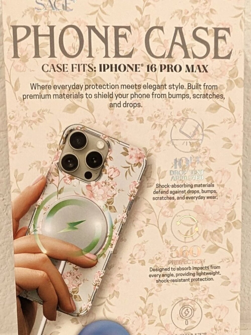 Silk &amp; Sage Floral MagSafe Case for iPhone 16 Pro Max 10ft Drop Tested NIB